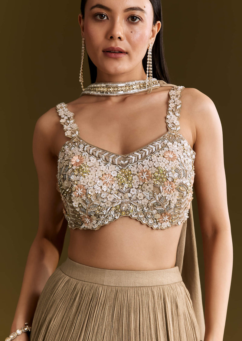 Gold French Tissue Lehenga With Sequins And Choker Dupatta