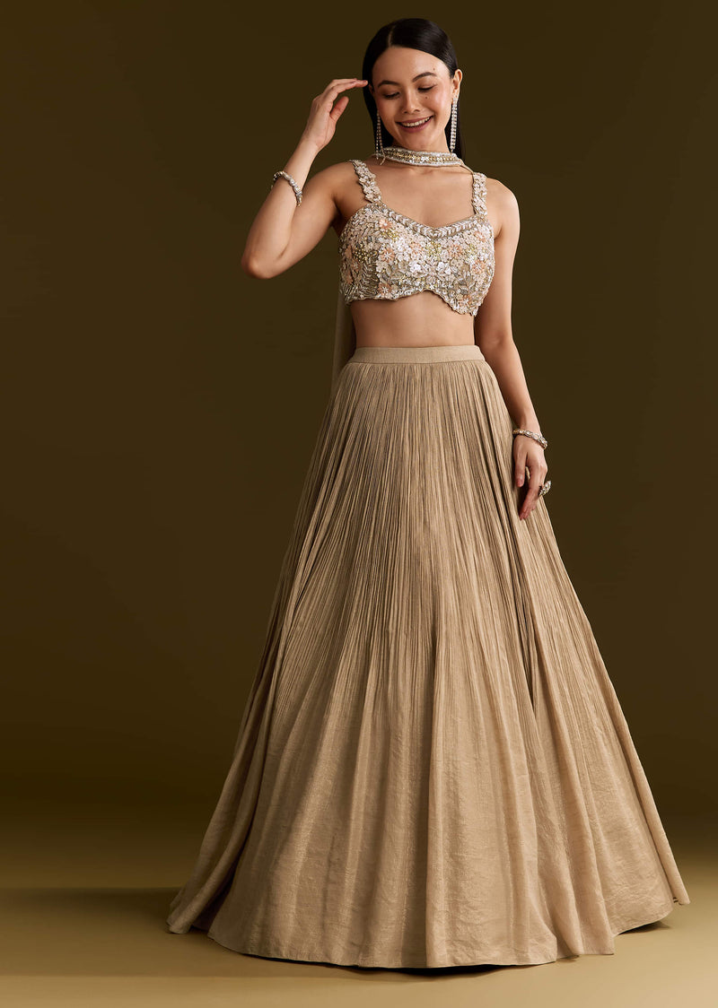 Gold French Tissue Lehenga With Sequins And Choker Dupatta