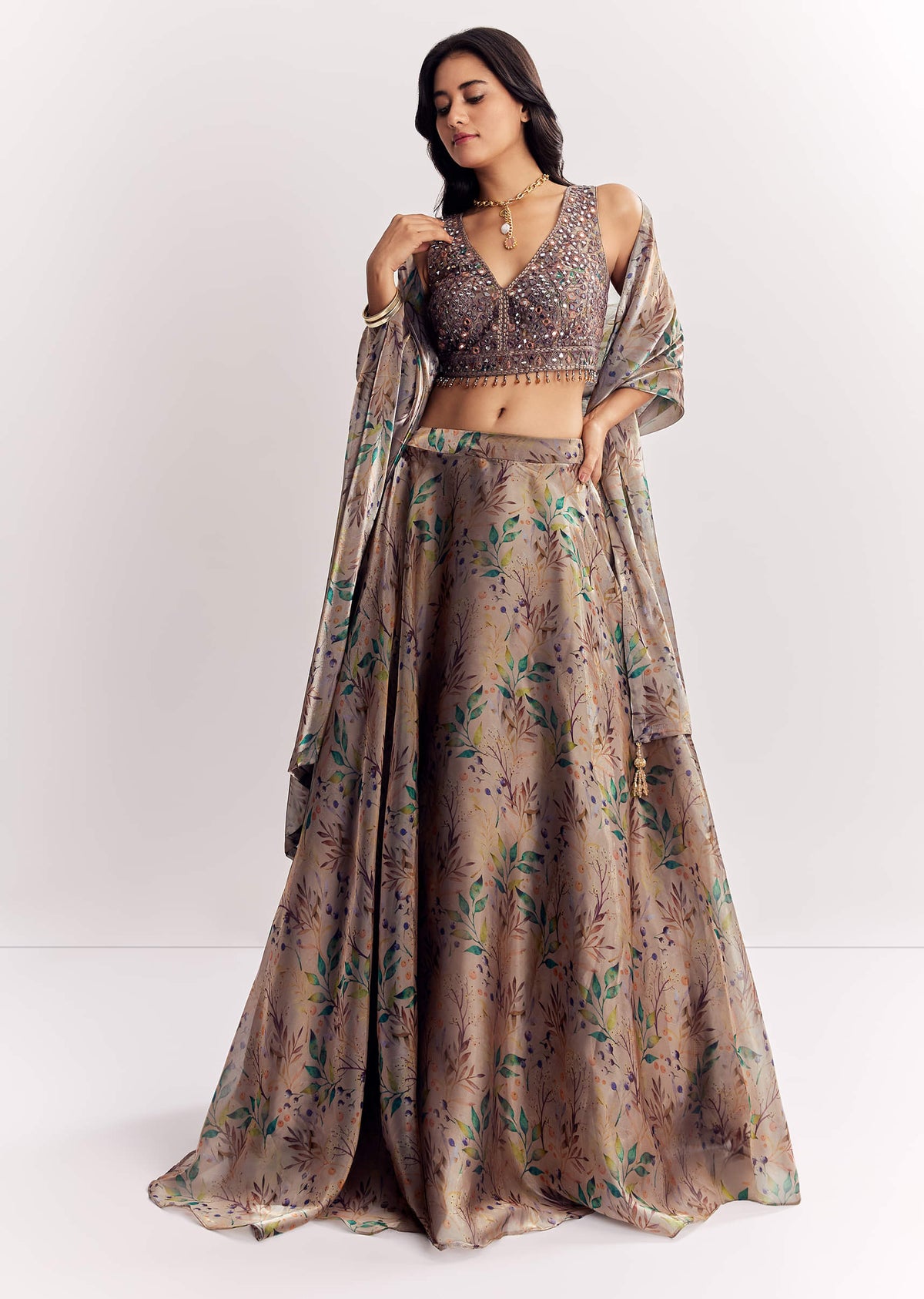 Gold Organza Tissue Lehenga Dupatta With Mirror Work Choli