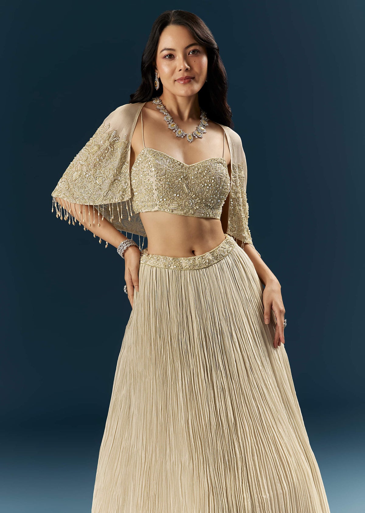 Gold Tissue Bridesmaid Lehenga With Cutdana And Beads Embroidery