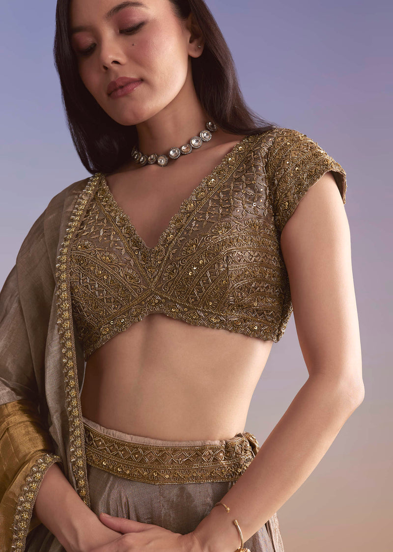 Gold Tissue Bridesmaid Lehenga With Zardosi Embroidery