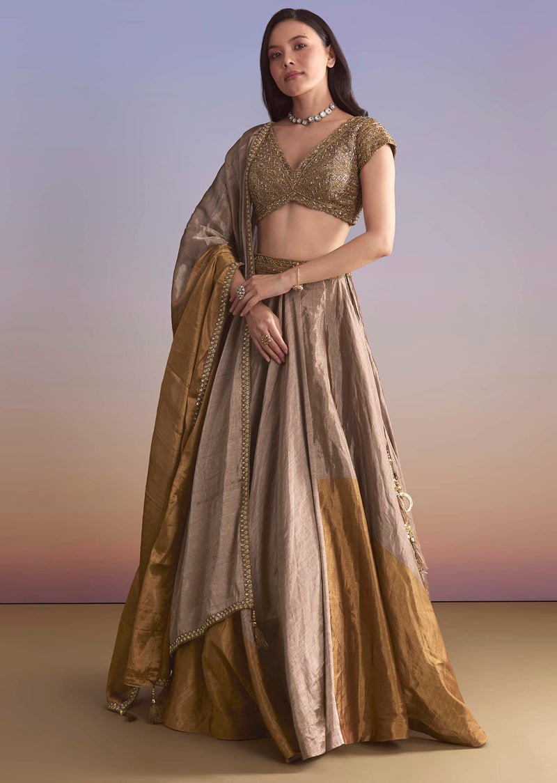 Gold Tissue Bridesmaid Lehenga With Zardosi Embroidery
