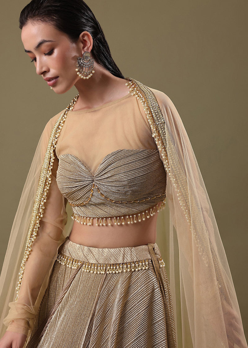 Gold Pre Pleated Lehenga With Dupatta