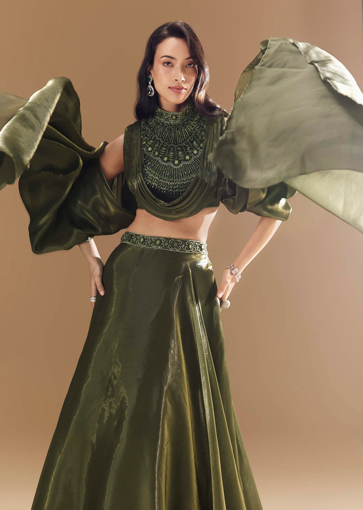 Green Bridesmaid Organza Lehega with Cowl Blouse