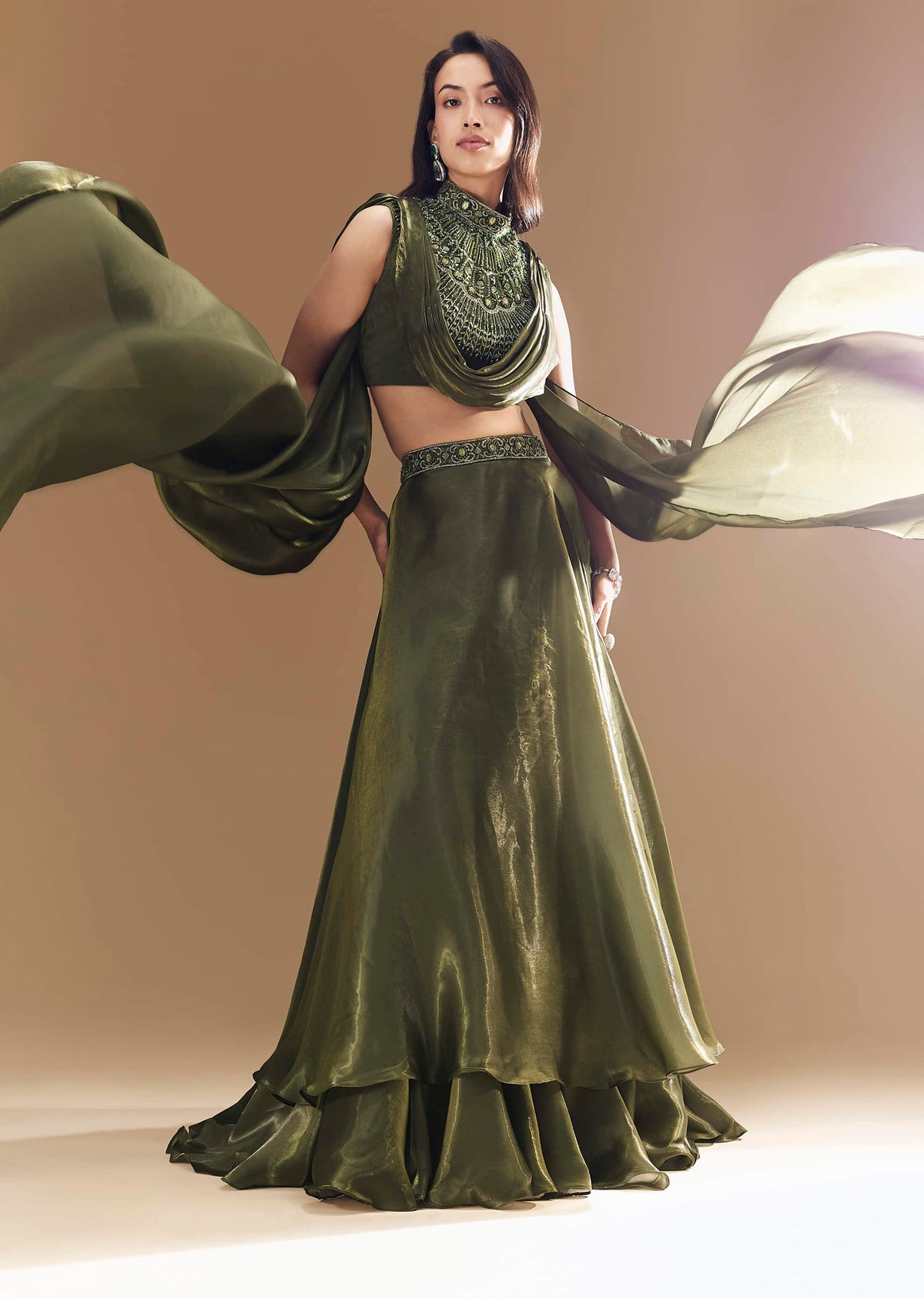 Green Bridesmaid Organza Lehega with Cowl Blouse