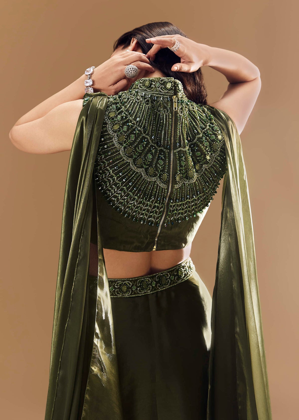 Green Bridesmaid Organza Lehega with Cowl Blouse
