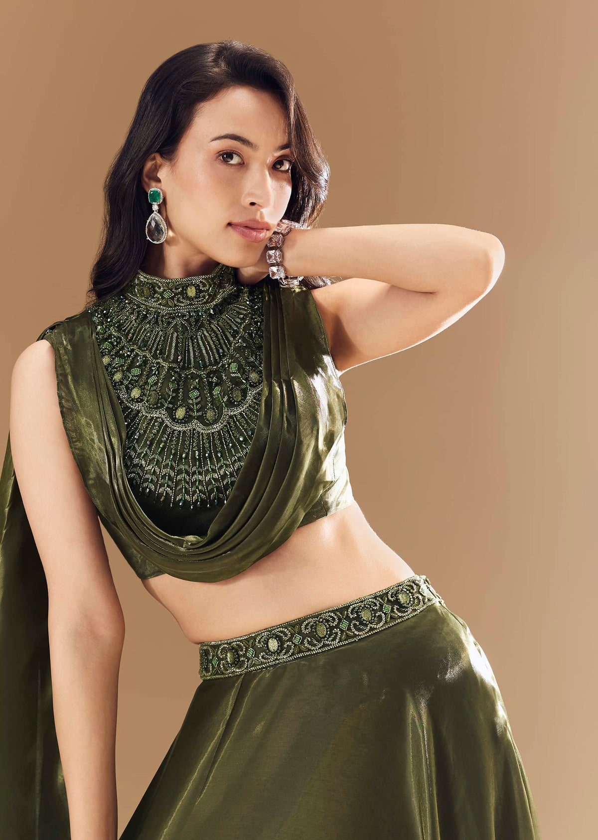 Green Bridesmaid Organza Lehega with Cowl Blouse