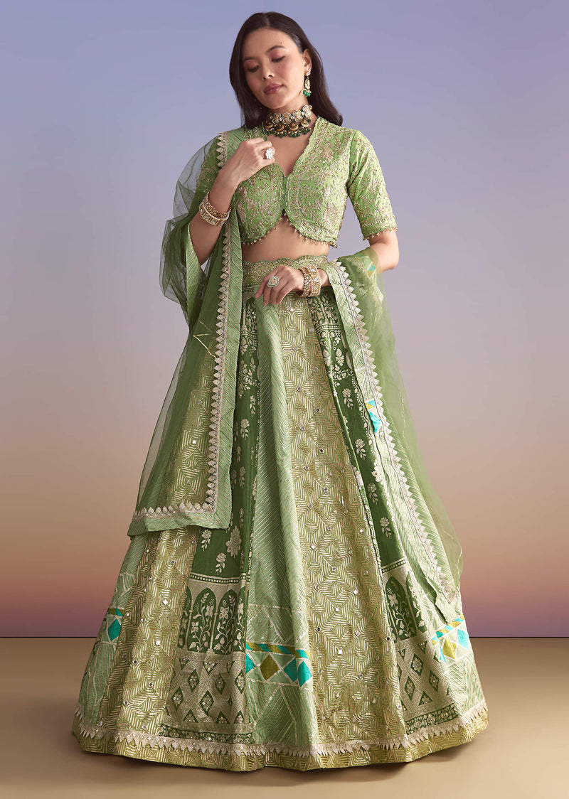 Green Brocade Silk Bridesmaid Lehenga With Zardosi Embroidery