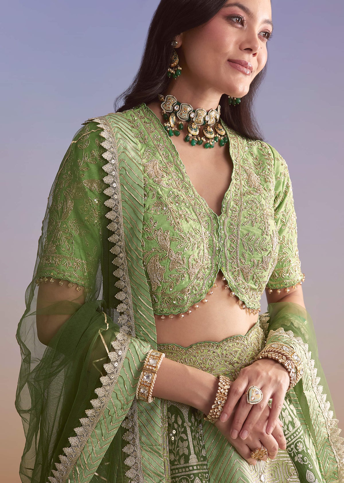 Green Brocade Silk Bridesmaid Lehenga With Zardosi Embroidery