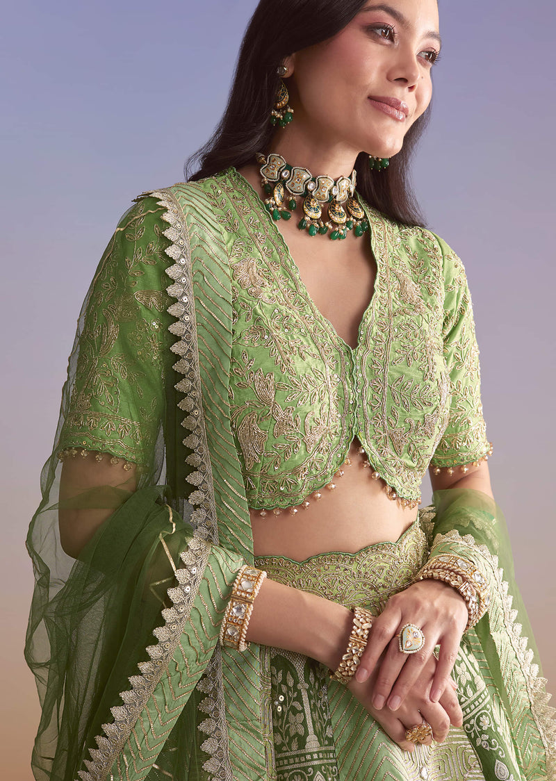 Green Brocade Silk Bridesmaid Lehenga With Zardosi Embroidery