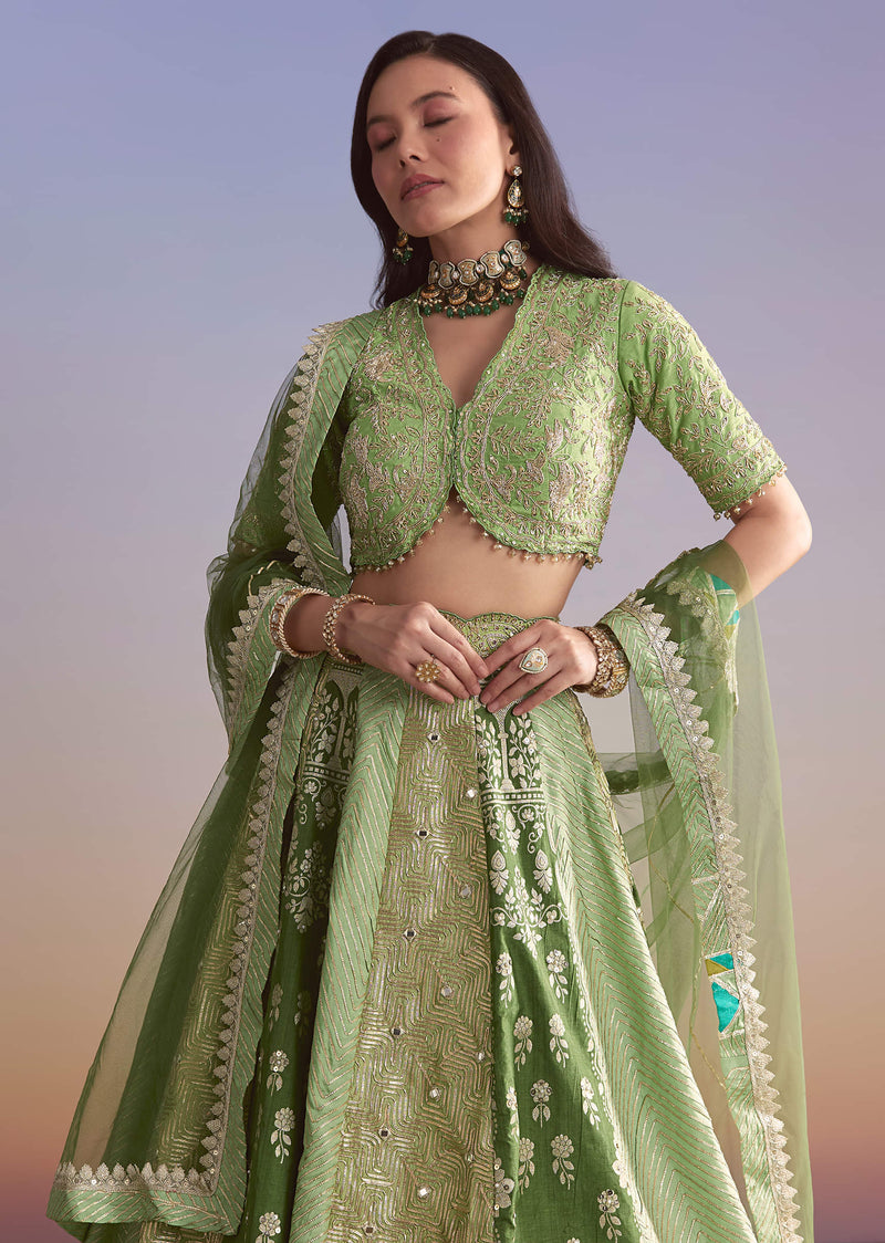 Green Brocade Silk Bridesmaid Lehenga With Zardosi Embroidery