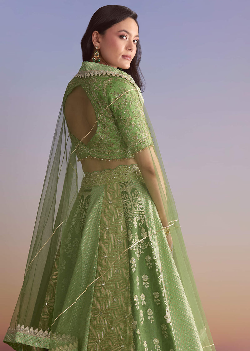 Green Brocade Silk Bridesmaid Lehenga With Zardosi Embroidery
