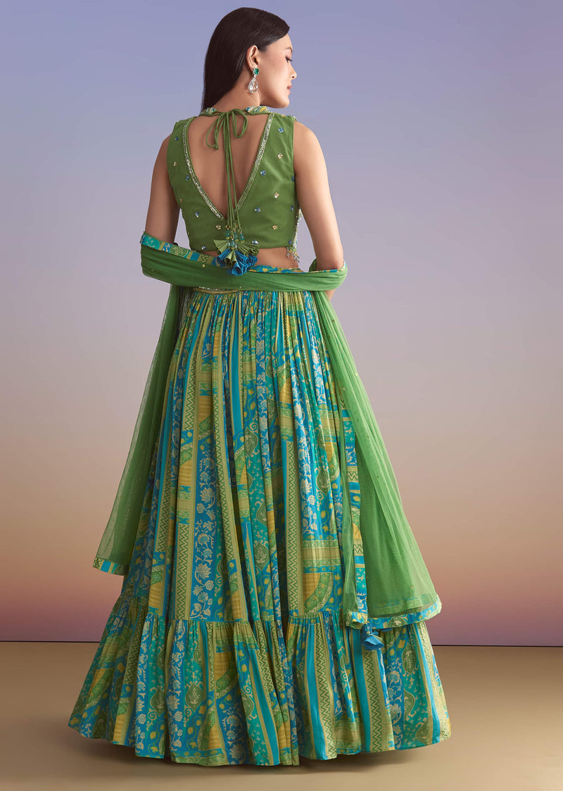 Green Crepe Printed Bridesmaid Lehenga With Embroidered Blouse