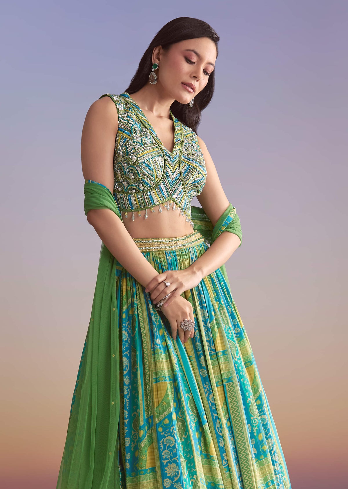 Green Crepe Printed Bridesmaid Lehenga With Embroidered Blouse