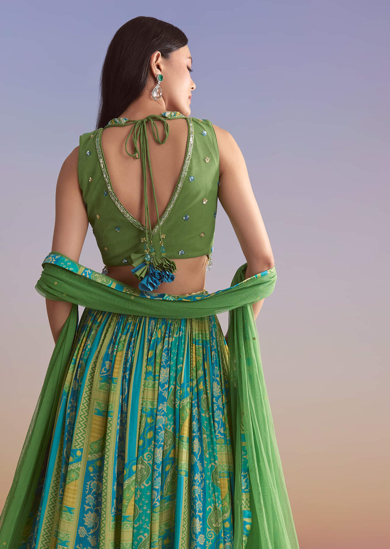 Green Crepe Printed Bridesmaid Lehenga With Embroidered Blouse