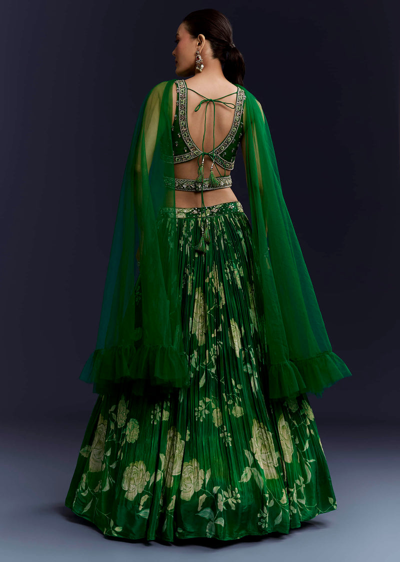 Green Floral Print Bridesmaid Crepe Lehenga Set