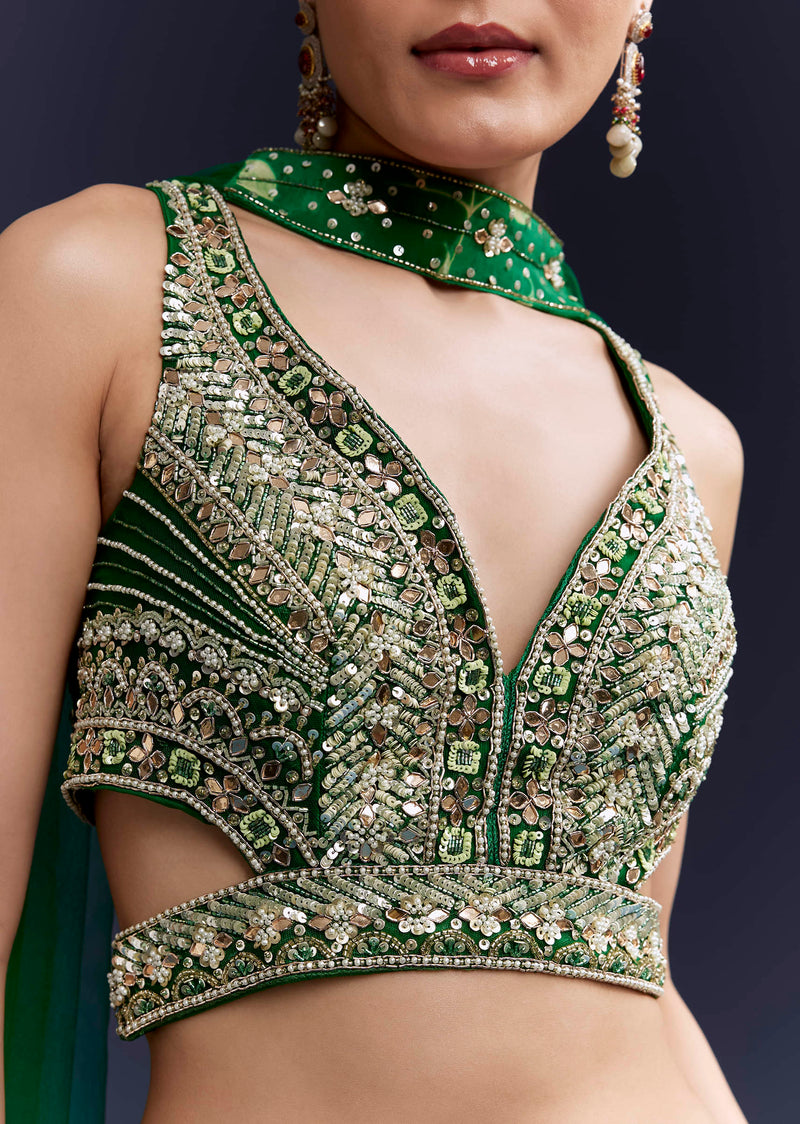 Green Floral Print Bridesmaid Crepe Lehenga Set