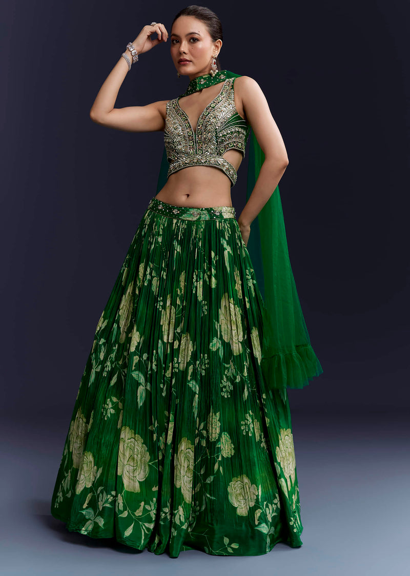 Green Floral Print Bridesmaid Crepe Lehenga Set