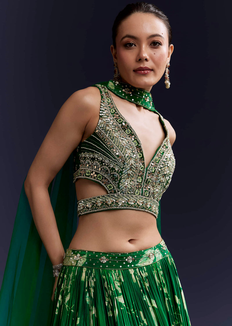 Green Floral Print Bridesmaid Crepe Lehenga Set