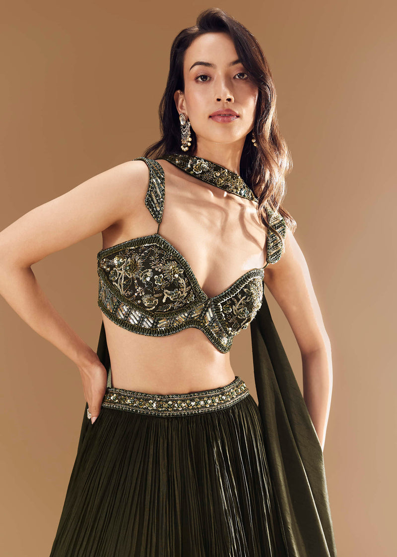 Green Ruched Bridesmaid Lehega with Choker Dupatta