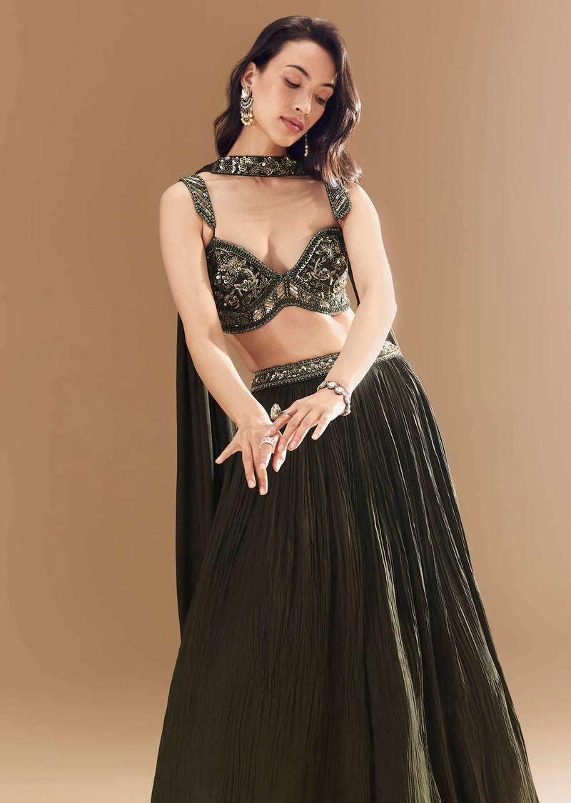 Green Ruched Bridesmaid Lehega with Choker Dupatta