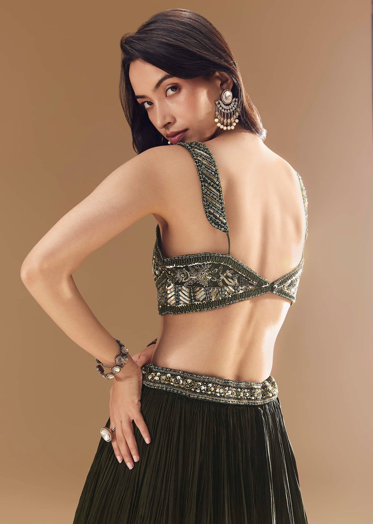 Green Ruched Bridesmaid Lehega with Choker Dupatta