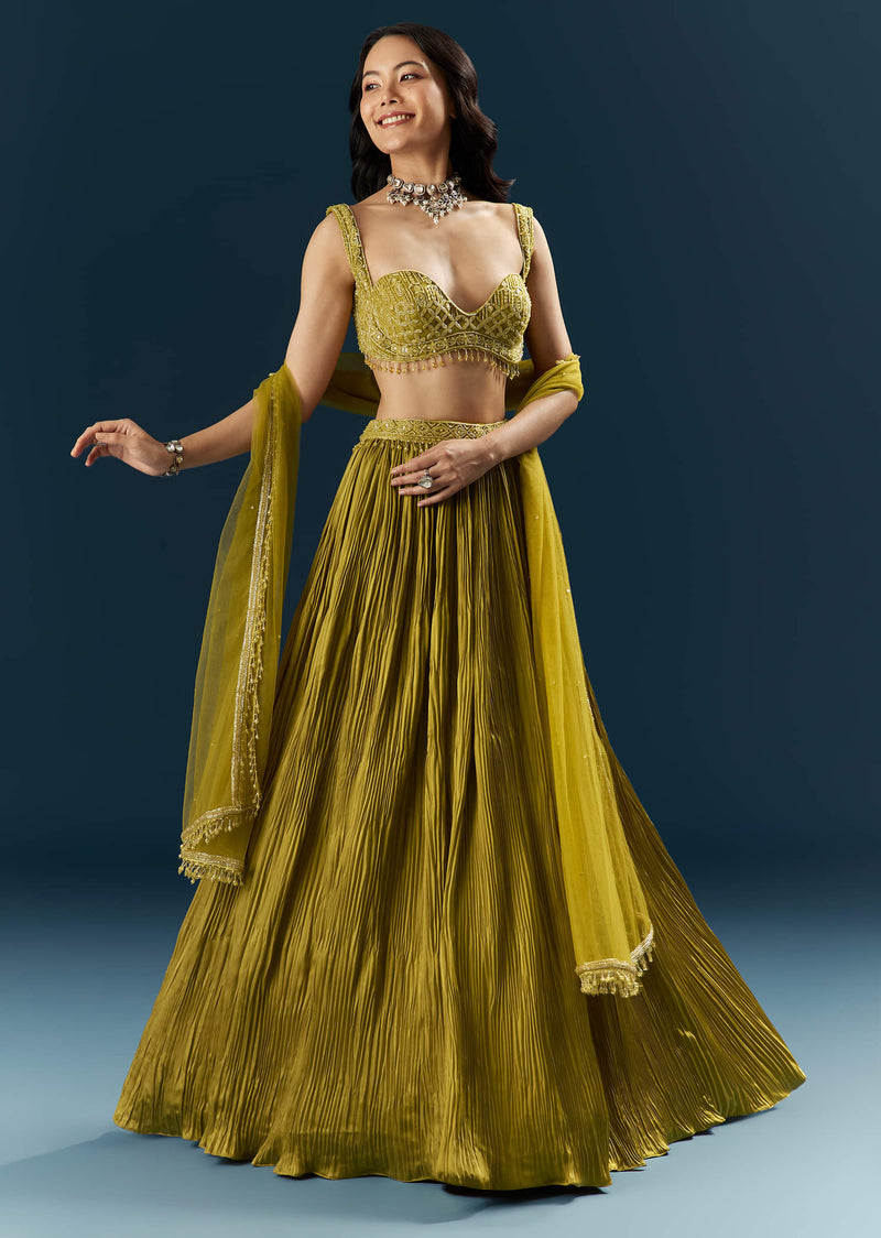 Green Satin Bridesmaid Lehenga With Cutdana And Beads Embroidery