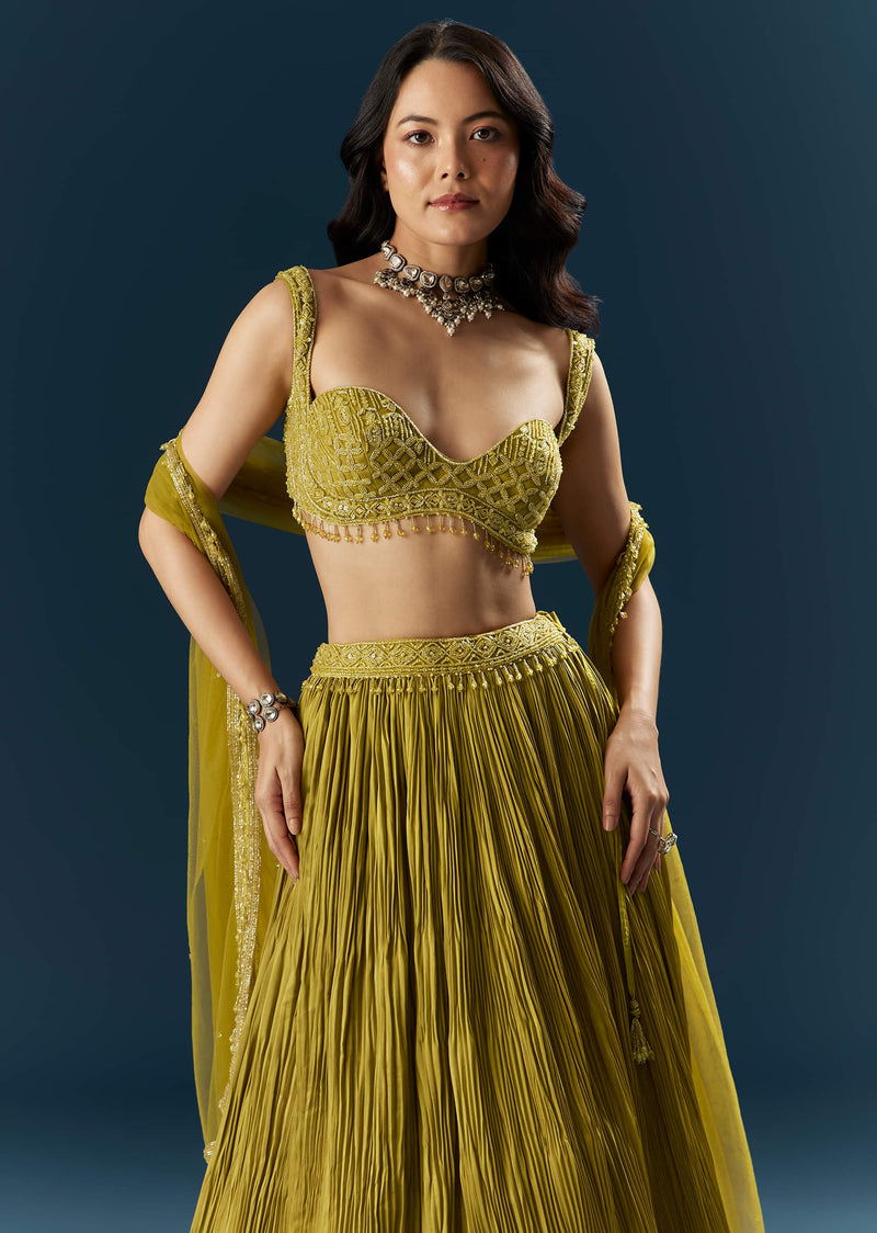 Green Satin Bridesmaid Lehenga With Cutdana And Beads Embroidery