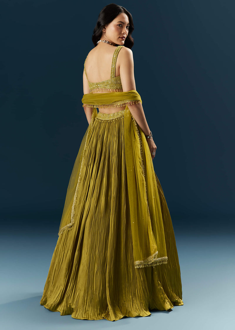 Green Satin Bridesmaid Lehenga With Cutdana And Beads Embroidery