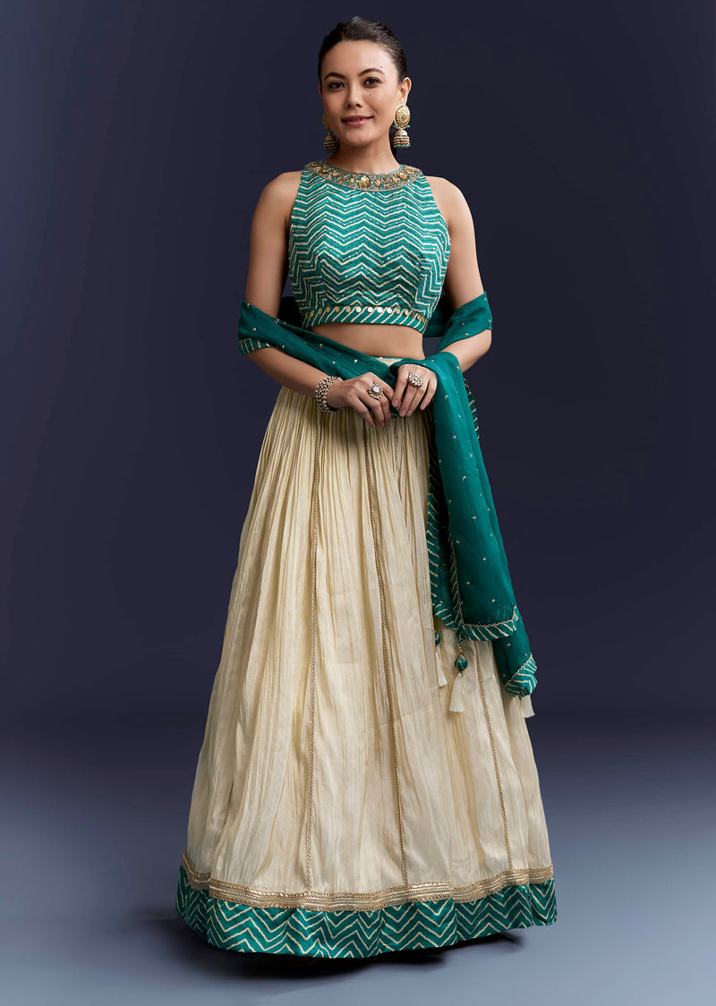 Green Satin Bridesmaid Lehenga With Hand Dyed Chevron Print Choli