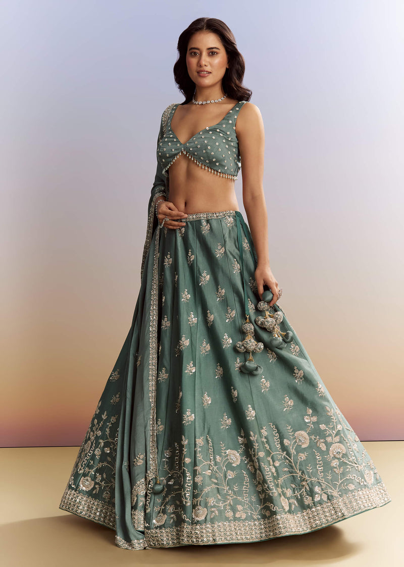 Green Satin Bridesmaid Lehenga With Heavy Embroidery