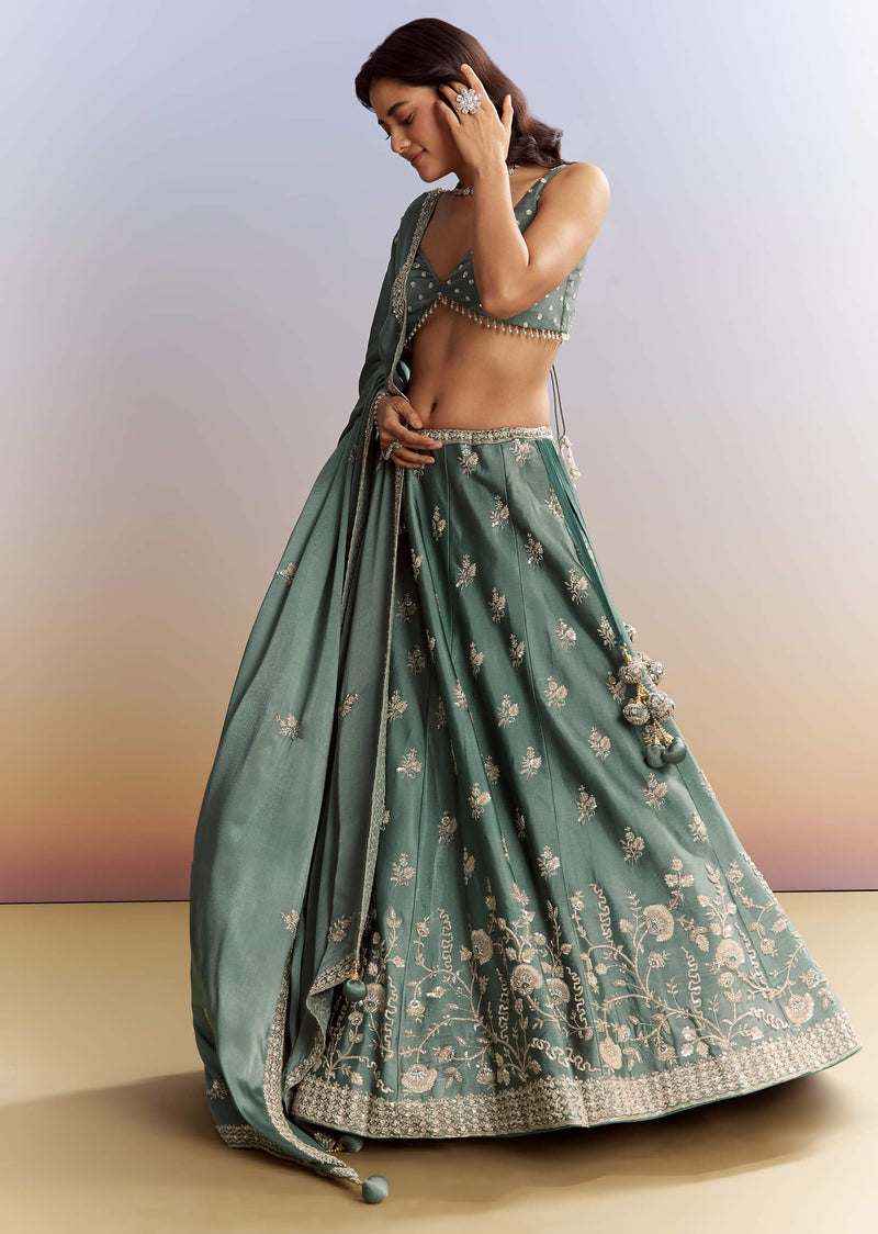 Green Satin Bridesmaid Lehenga With Heavy Embroidery