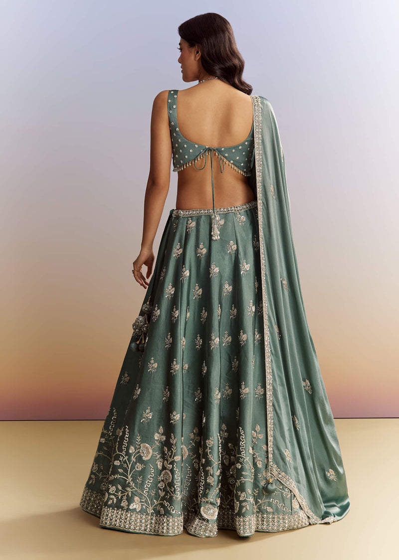 Green Satin Bridesmaid Lehenga With Heavy Embroidery