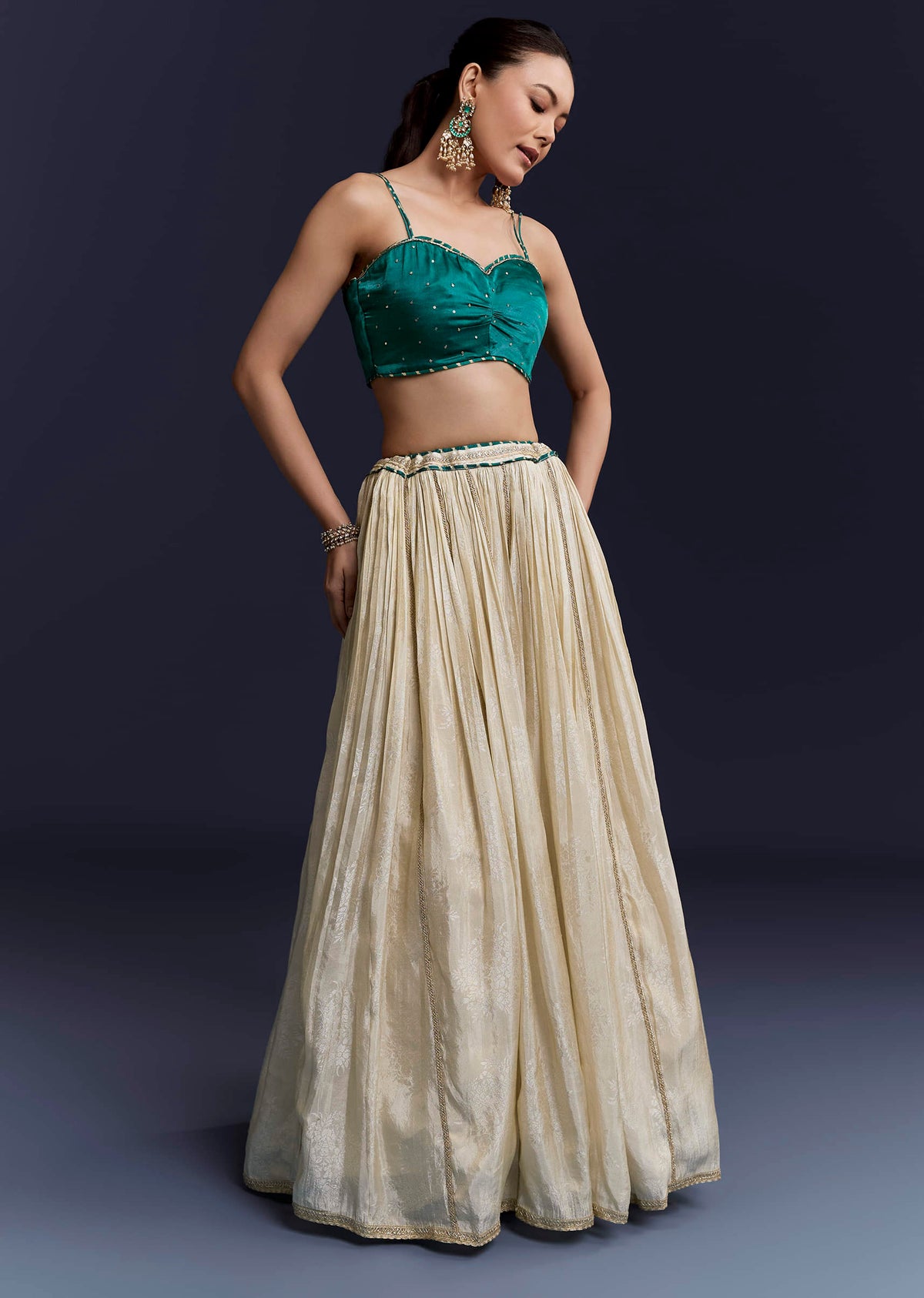 Green Satin Festive Lehenga With Hand Dyed Chevron Print Jacket