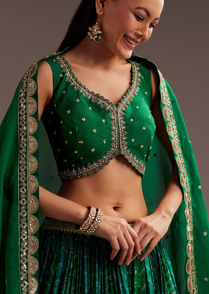 Green Sequins Bandhani Lehenga Dupatta Set