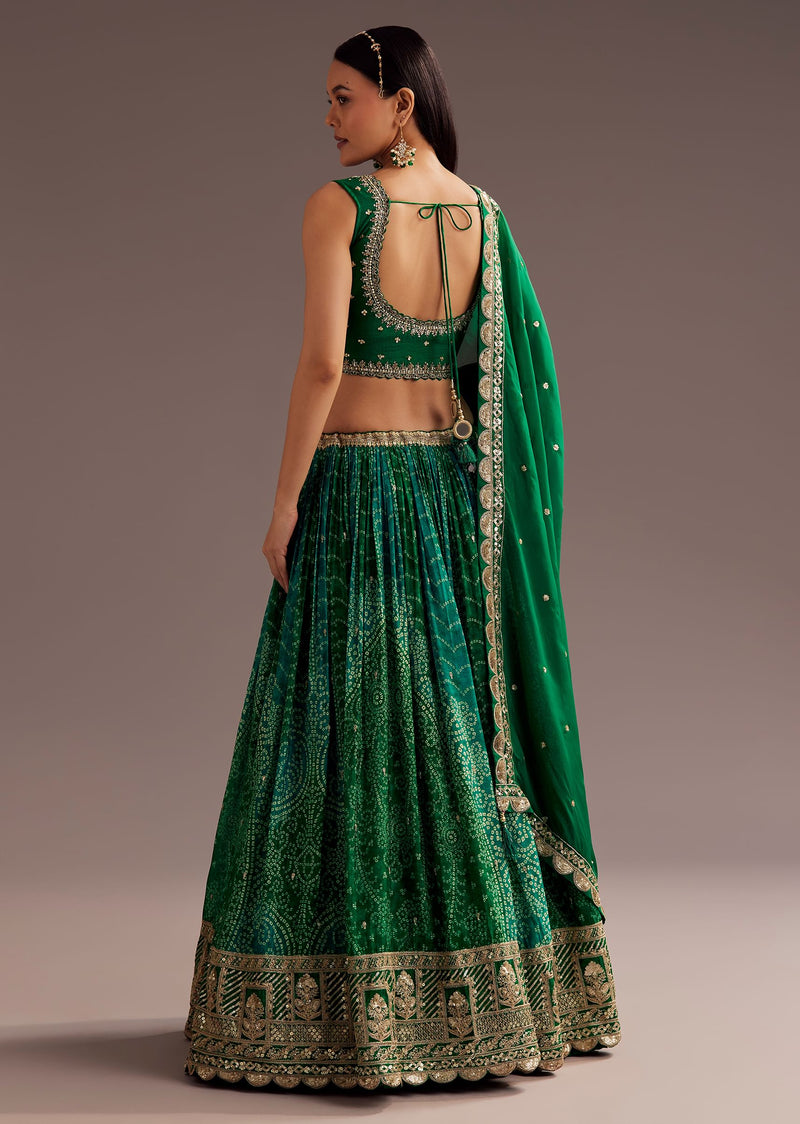 Green Sequins Bandhani Lehenga Dupatta Set