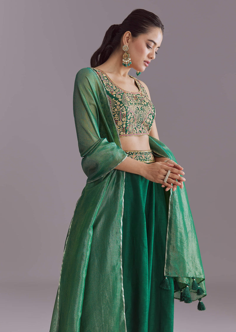 Green Silk Festive Lehenga With Zari Work
