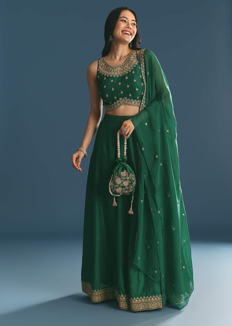 Green Silk Lehenga Choli With Zari And Sequins Work