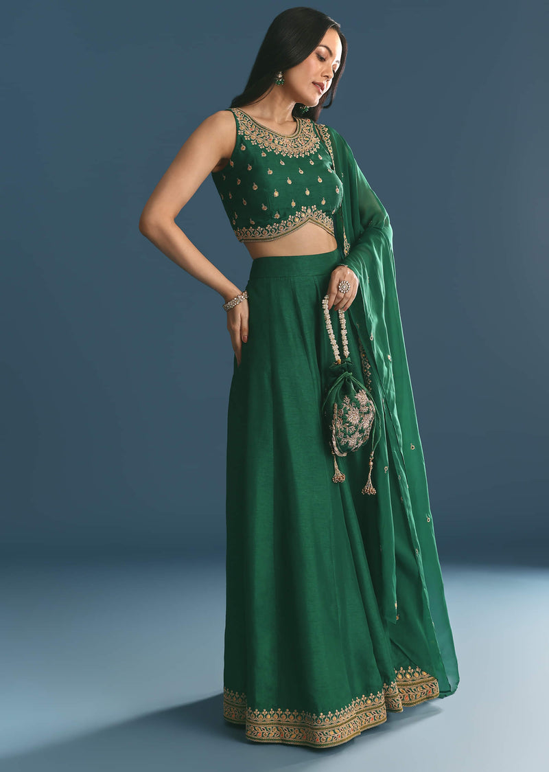 Green Silk Lehenga Choli With Zari And Sequins Work