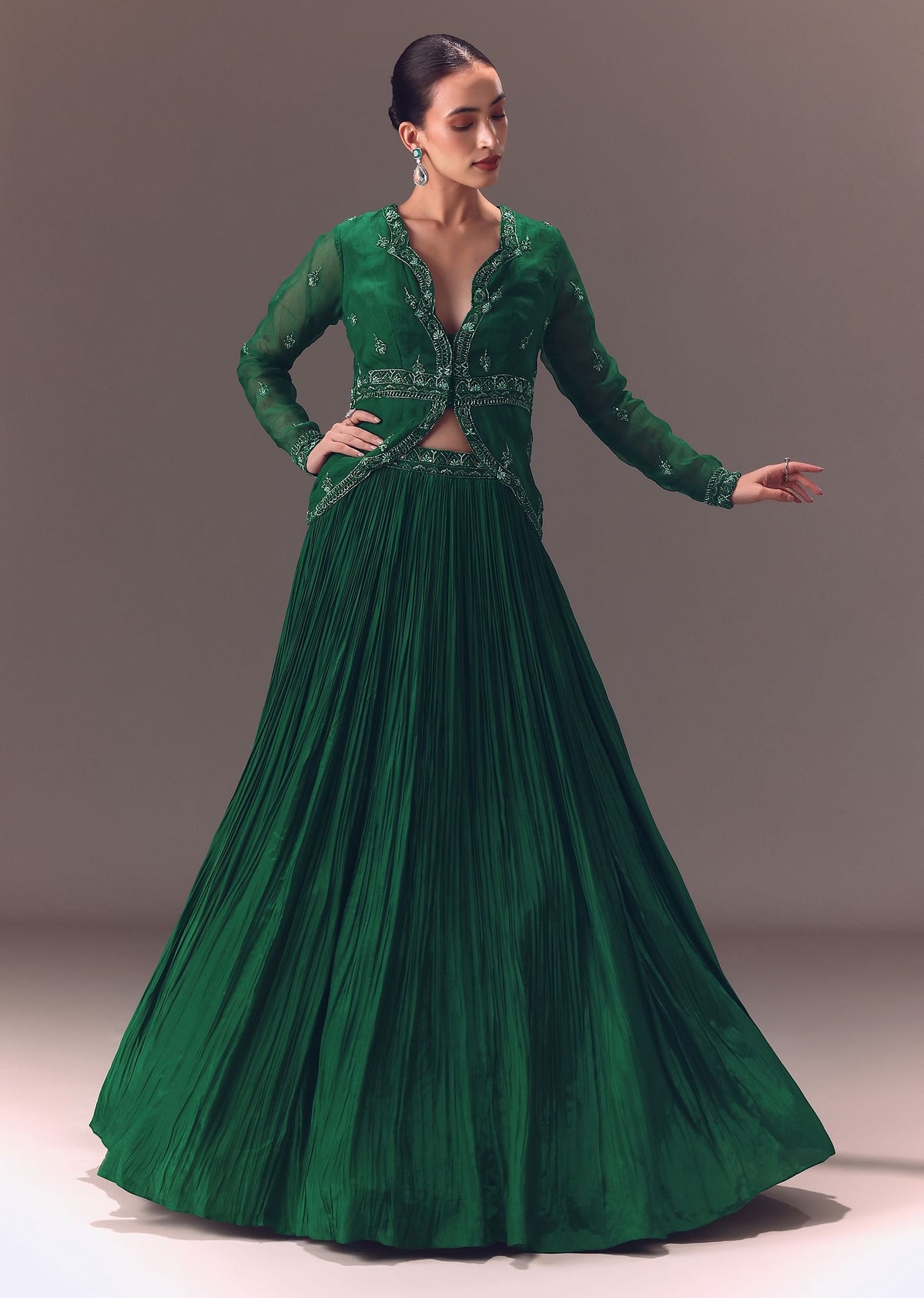 Green Organza Ruched Lehenga With Hand Embellished Jacket