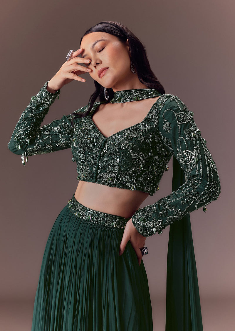 Green Ruched Frill Lehenga Set With Choker Dupatta