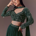 Green Ruched Frill Lehenga Set With Choker Dupatta