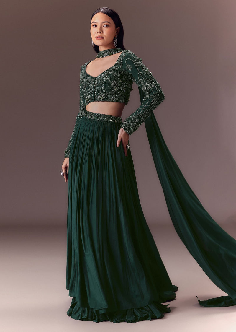 Green Ruched Frill Lehenga Set With Choker Dupatta