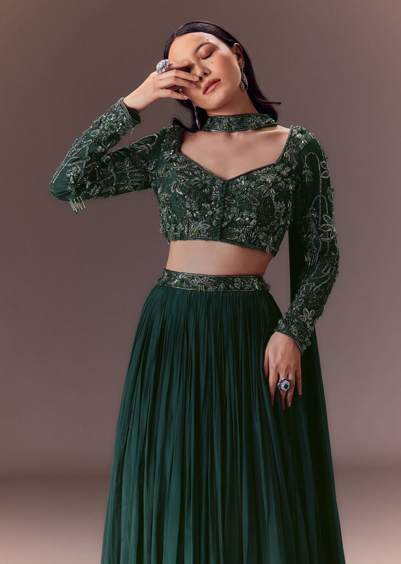 Green Ruched Frill Lehenga Set With Choker Dupatta