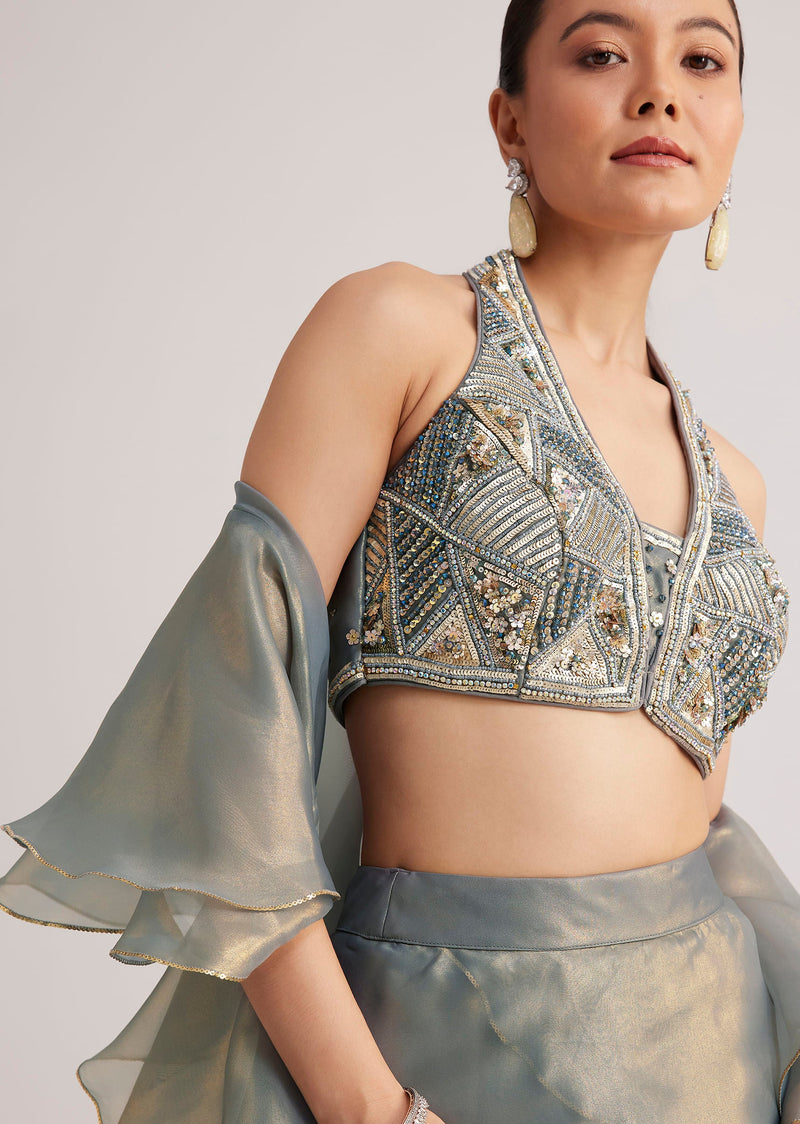 Grey Organza Embellished Lehenga Set With Dupatta