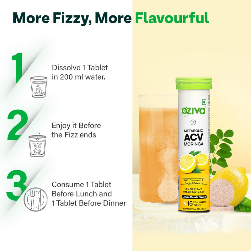OZiva Metabolic ACV Moringa Effervescent Tablets for Control Cravings - Lemon Masala Flavor