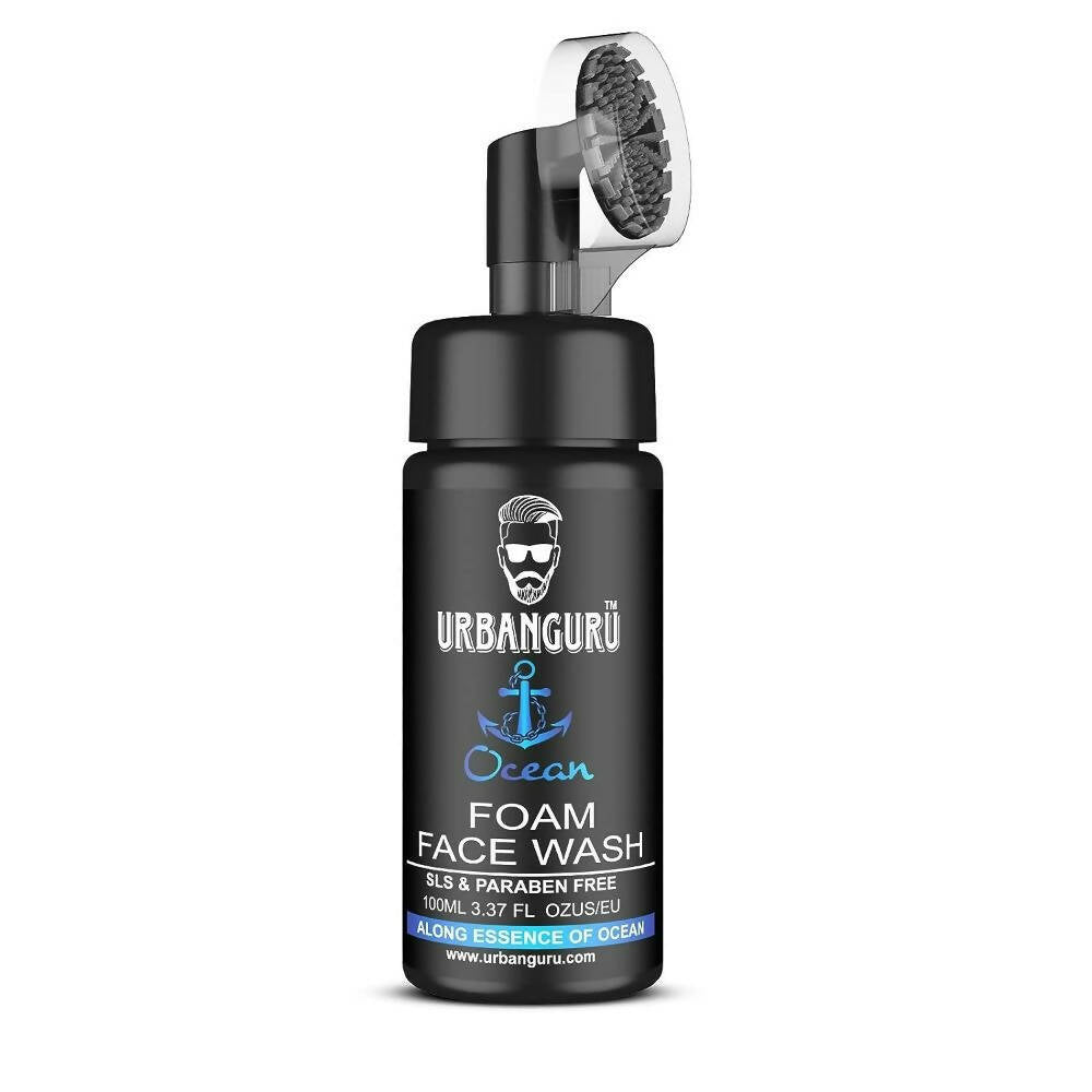 Black bottle of Urbanguru foam face wash with a white background
