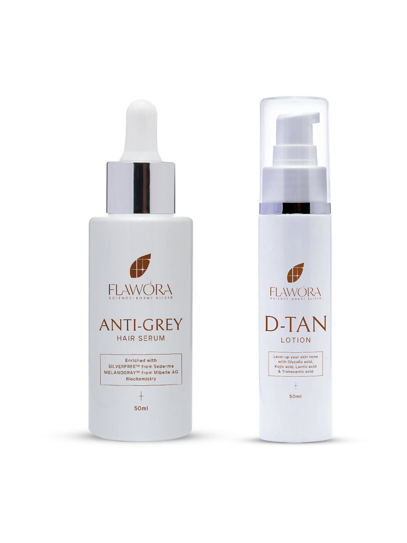 Flawora Anti-Grey Hair Serum For Reversing Grey Hair & D-Tan Lotion For Pigmentation Tan Removal 