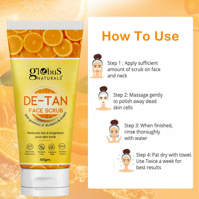 Globus Naturals De Tan Face Scrub, Suitable For All Skin Types