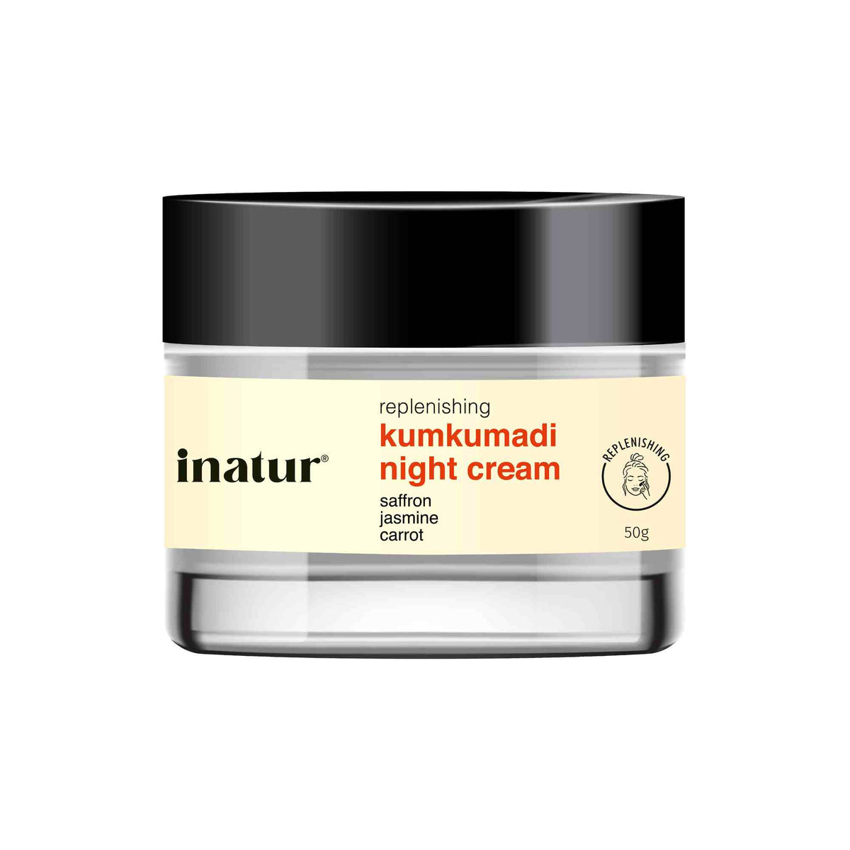 Jar of inatur Kumkumadi night cream on a white background